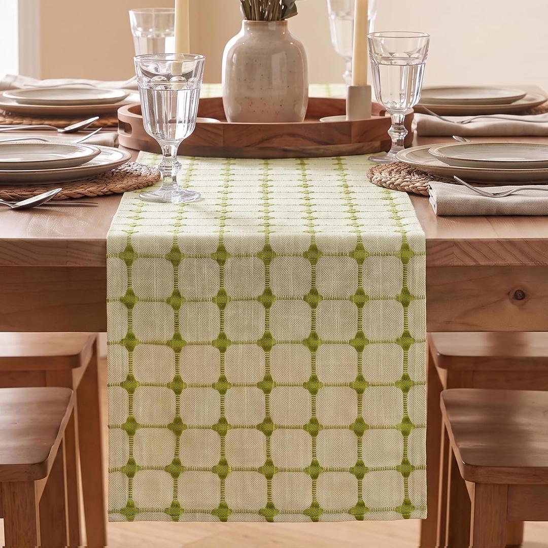Artoid Mode Beige Sage Green Rustic Plaid Farmhouse Table Runner, Seasonal Spring Embroidered Kitchen Dining Table Decoration for Home Party Decor 12x72 Inch