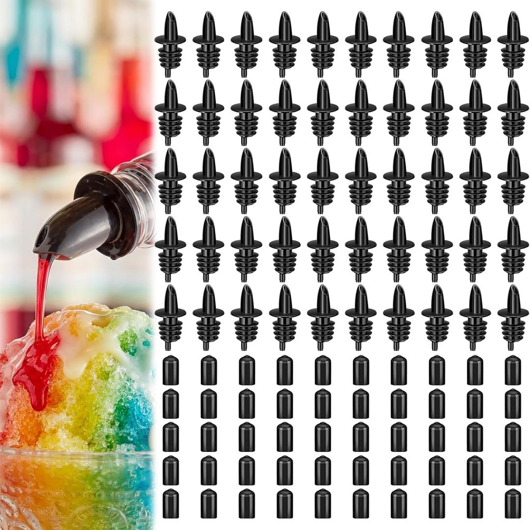 100 Pcs Bottle Pourers Syrup Pour Spouts Including Snow Cone Syrup Alcohol Liquor Bottle Pourers and Rubber Dust Cap Covers Dispenser Accessories