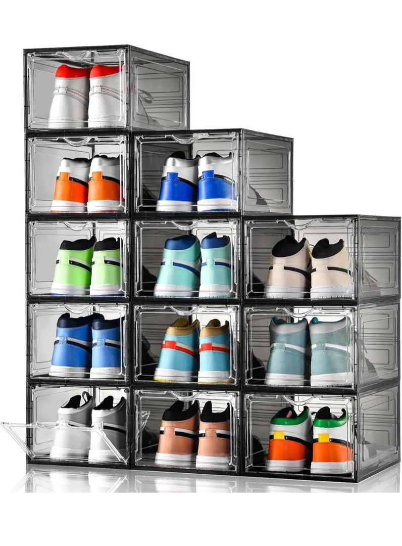Clemate Upgraded X-Large Shoe Storage Box,12 Pack,Shoe Box Clear Plastic Stackable,Drop Front Shoe Box with Clear Door,Shoe Organizer Containers For Sneaker Display,Fit Up To US Size 13, Ashy