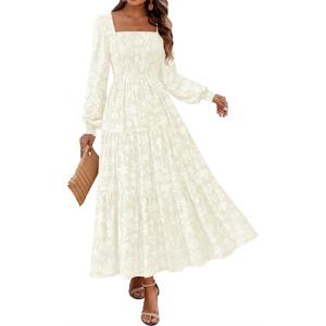 KIRUNDO Wedding Guest Dresses for Women Spring 2026 Long Sleeve Smocked Floral Flowy A Line Boho Maxi Dress Fashion Clothing (Medium)