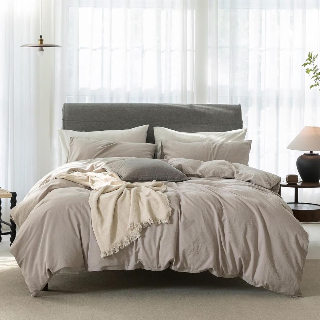 Cooling California King Duvet Cover Set 3 Pieces-100% Washed Cotton Linen Like Textured Soft Comfy Bedding-Zipper Closure,Includes 1 Duvet Cover & 2 Pillow Shams(Beige Grey,Cal King 104"x98")