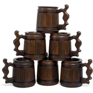 Set of 6 Beer Mug 10 OZ - Coffee Mug - Beer stein - Wooden beer mug - Stainless Steel Cup - Handmade Gifts for Men - Fathers Day, Christmas or Birthday Gift Idea - Men Mug - Classic Brown