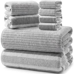 8 Pcs Extra Large Gray Bathroom Towel Set Include 2 Stripe Oversized Bath Sheet 2 Absorbent Soft Quick Dry Hand Towels 4 Grey Coral Fleece Microfiber Luxury Washcloths for Adult Gym Body