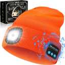 VIBELITE Bluetooth Beanie Hat with Light, USB Rechargeable LED Headlamp with Wireless Headphones, Valentines Day Gifts for Him, Men, Teen Boys, Husband, Women, Boyfriend, Orange