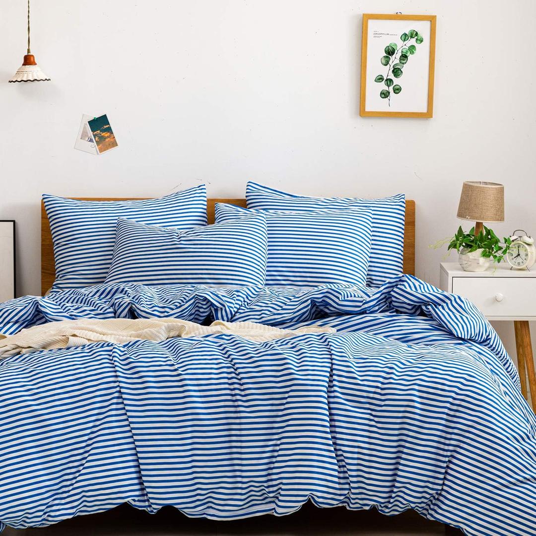JELLYMONI 100% Natural Cotton 3pcs Striped Duvet Cover Sets,White Duvet Cover with Blue Stripes Pattern Printed Comforter Cover,with Zipper Closure & Corner Ties (Queen Size) (0903)