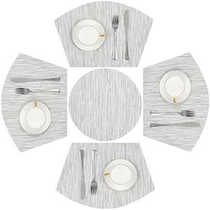 SHACOS Small Round Table Placemats Set of 5 Wedge Shaped Place Mat with Round Centerpiece Mat Heat Resistant Table Mats Washable (5, Gray White)