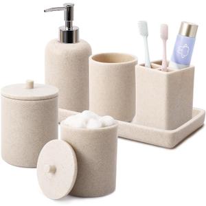 Resin 6 Pcs Beige Bathroom Set Complete with Toothbrush Holder, Lotion Soap Dispenser, 2 Qtip Holder Dispensers,Vanity Tray,Bathroom Tumbler - Countertop Vanity Organizer - Bathroom Accessories Set