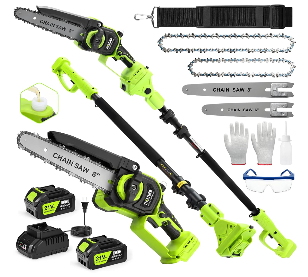 TNELTUEB 4-In-1 Cordless Pole Saw & Mini Chainsaw, 1000W Brushless Motor (Both batteries cracked)