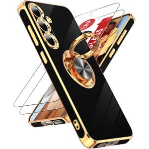 LeYi for Samsung Galaxy S24-FE Case: with 2 Pack Tempered Glass Screen Protector and 360 Rotatable Ring Holder Magnetic Kickstand, Plating Rose Gold Edge Funda para Galaxy S24FE 5G Case, Black