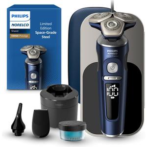 Philips Norelco Shaver Series 9000 Prestige, Wet and Dry Electric Shaver, System, SenseIQ Technology, Precision Trimmer, Nose Trimmer, Qi Charging Pad, Cleaning Pod, Adriatic Blue, SP9886/89
