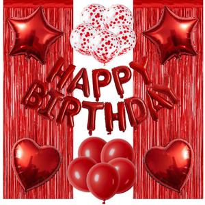 29 Pcs Red Birthday Party Decorations - Happy Birthday Balloons Banner Red, Heart & Star Foil Balloons, Confetti & Latex Balloon, Foil Fringe Curtains Party Supplies for Women