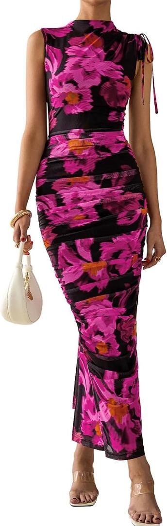 PRETTYGARDEN Women's Summer Maxi Floral Dresses Ruched Bodycon Sleeveless Mesh Formal Wedding Guest Cocktail Split Long Dress (Pink, M)