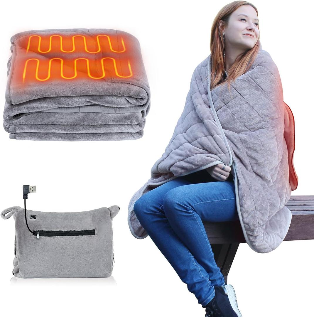Portable USB Heated Blanket Battery Operated, 5V/2A USB Heated Blanket 3 Heating Levels Without Battery Pack, Plush Flannel Wearable Electric Throw, 3Hrs Auto Off&Overheat Protection