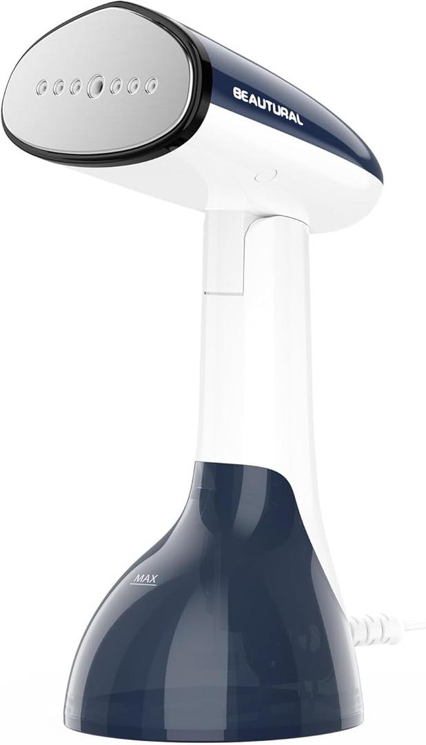 BEAUTURAL Steamer for Clothes, Portable Handheld Garment Fabric Wrinkles Remover, Aluminun Heating Plate, Fast Heat-up, Large Detachable Water Tank (Only for 120V), Blue