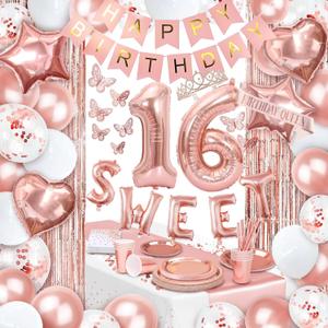 255 pcs Sweet 16 Party Decorations, 25 sets of Tableware, Sweet 16th Birthday Decorations, Rose Gold Party Decorations, 25 Tableware Sets, Balloon, Pump, Banner, Tassel Curtain for Girls