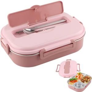 Niiyen 1500ml Lunch Box 4 Compartments Pink Food Lunch Containers with Spoon Chopsticks & Soup Bowl Adult Kids Bento Lunch Box with Tableware Removable Liner, for School Office Picnic