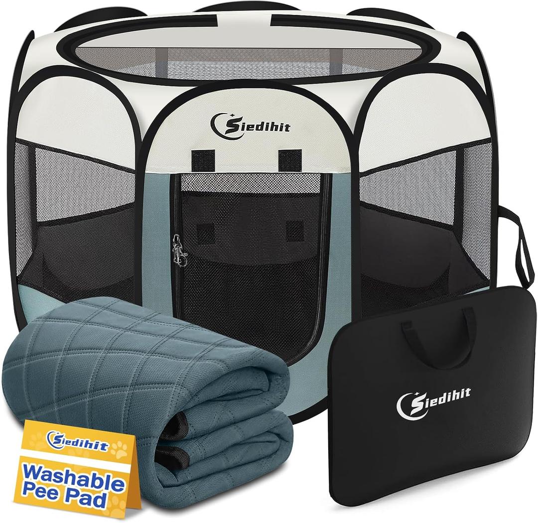 Siedihit Puppy Playpen for Large Dog Cat, Dogs Tent Crate Cage Indoor/Outdoor, Portable Pop Up Dog Kennel with Carrying Bag for Rabbits, Removable Top (Grey with Pad, Large)