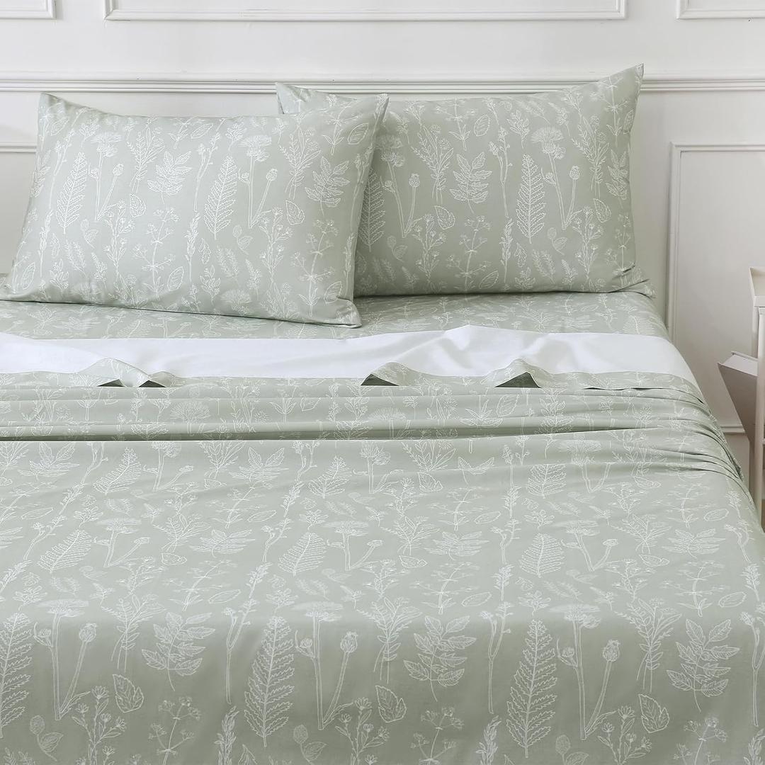 100% Natural Cotton Percale Sheets Set,Queen Size 4 PC, Breathable&Durable Hotel Quality Bedding, 16" Deep Pocket Botanical Floral Bedsheets,Sage Green