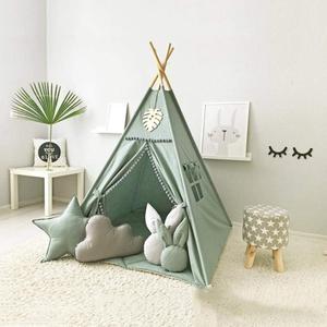 Kids Teepee Tent with White Pom Pom - Indoor Play Teepee for Children Boys Portable Play House (Green)