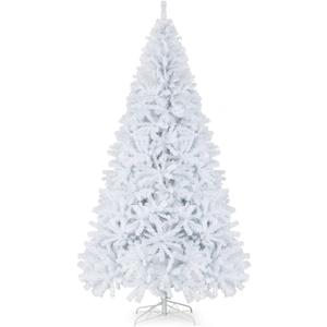 HAPPYGRILL 9 Feet White Artificial Christmas Tree with 2132 PVC Branch Tips Unlit Hinged Xmas Pine Tree with Sturdy Metal Base, Artificial Pine Tree for Indoor Outdoor Decor, White