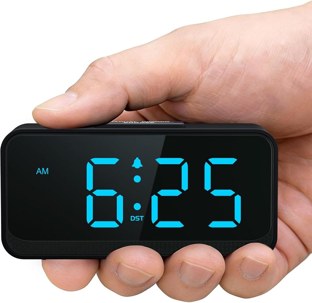 Battery Operated Small Alarm Clock: Digital Compact Large Display Cordless Clock for Bedroom Travel - Simple to Use for Seniors Teens Blue Digits