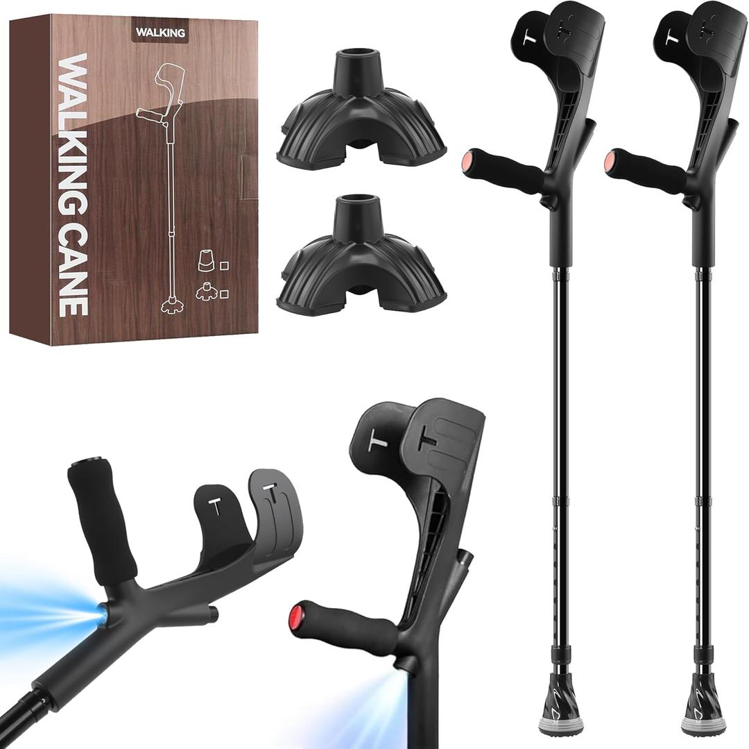 2 Pcs Forearm Crutch for Adults with Light, Foldable Lightweight and Adjustable with Handle Pads, Aluminum Crutches for Heavy Duty Work Walking (Premium Black 2 Pcs)