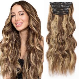 ALXNAN Clip in Long Wavy Hair Extension 24 Inch Chocolate Brown to Honey Blonde Hair Extensions 4PCS Thick Hairpieces Fiber Double Weft Hair for Women