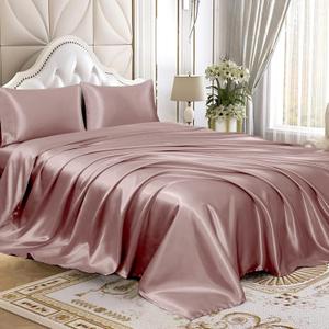 Homiest 4pcs Satin Sheets Set Luxury Silky Satin Bedding Set with Deep Pocket, 1 Fitted Sheet + 1 Flat Sheet + 2 Pillowcases (Queen Size, Rose Gold)