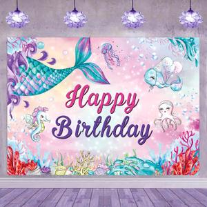 Mermaid Backdrop Mermaid Birthday Party Decorations The Sea Birthday Party for Girl Princess Mermaid Themed Happy Birthday Banner Supplies 5x3ft