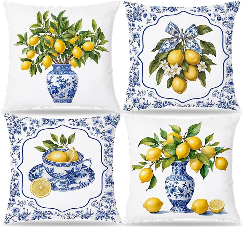 Amalfi Coast Chinoiserie Lemon Throw Pillow Covers 18x18 Set of 4