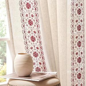 jinchan Boho Curtains for Bedroom Red Vintage Floral Farmhouse Curtains 84 Inches Long Linen Blend Drapes for Living Room Embroidered Light Filtering Drapes Rod Pocket Red on Beige 2 Panels (Floral| Burgundy Red on Beige)