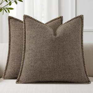 Spring Decorative Throw Pillow Covers 18x18 Set of 2 Square Linen Farmhouse Pillow Covers with Stitched Edge Outdoor Neutral Pillow Covers for Couch Sofa Living Room, Chocolate