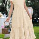 HOSIKA Girls Maxi Dress Boho Swiss Dot A-Line Tiered Casual Party Dresses (Beige)