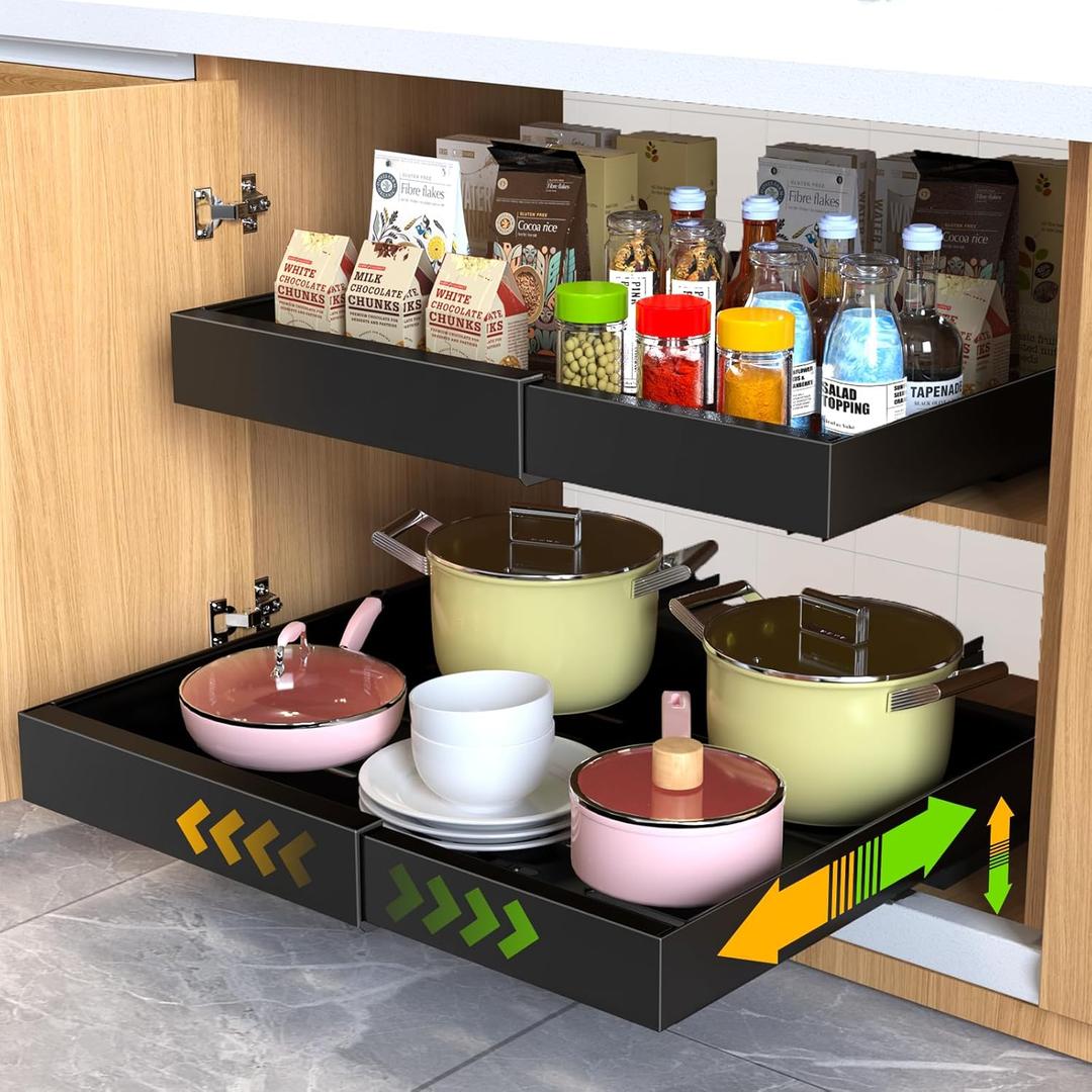 Mlinavn 2 Pack Pull Out Cabinet Organizer,21" Deep Slide Out Drawer Organizers,No Drill Pull Out Drawers Adhesive with Nano Compatible Framed Cabinets Shelves for Kitchen Pantry Adjustable Width (Black)