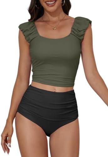 Eomenie Tankini Swimsuits for Women Ruched Tummy Control Bathing Suit Two Piece Swim Tank Top with High Waisted Bottom L
