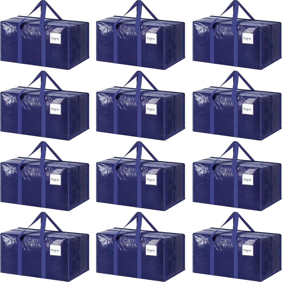 12 Pack Extra Heavy Duty Large Moving Bags with Strong Zipper & Comfortable Handles, Sturdy & Durable Clothes Storage Bags Totes Bins, Packing Moving Boxes for College Supplies, Dark Blue