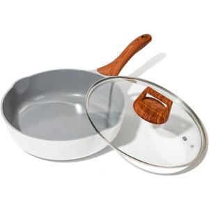 Nonstick Frying Pans With Lid, 11 Inches Skillets Deep Frying Pan Non stick, Ceramic Frying Pans With Pour Spout, Non Toxic Frying Pan for Stove, Induction, Gas, PB/CD/PFOA Free (White,11 Inches)
