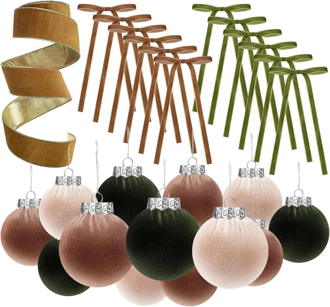 Syhood 38 Pcs Christmas Velvet Ornaments Decor Kit 3.15'' 18 Pcs Christmas Tree Ornaments Balls 18 Vintage Velvet Bows 5.5 Yard Ribbon for Xmas Tree Hanging Decorations, Green and Brown