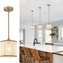 3-Pack Modern Gold Rattan Pendant Light Fixtures, 7.67" Hand-Woven Hexagonal Island Lighting, Boho Hanging Pendant for Kitchen Island, Dining Room, Hallway, E26 Base