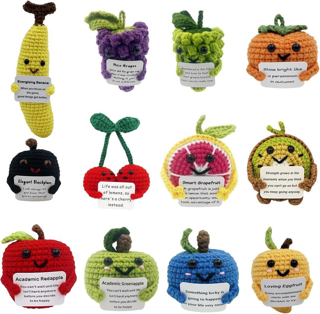 12Pcs Crochet mini Fruit Bulk Set with Positive Messages Inspirational Support Strawberry Doll Knitted Encouraging Avocado Toy for Women Men Kid Coworker