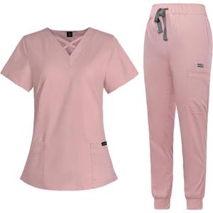 VIAOLI Scrubs for Women Set Modern V-Neck Top & 8 Pocket Jogger Pants Athletic Nursing Uniform Solid Stretch Workwear (Small, Pink)