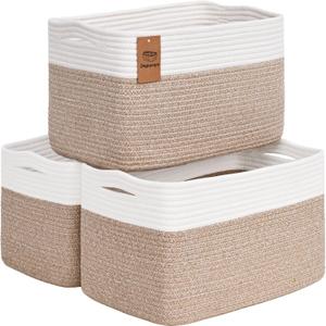 Woven Storage Baskets, Baskets for Organizing, 3 Pack Woven Basket for Storage, Storage Baskets for Shelf, Towel, Toy, Book, Closet, Baby 15"10"9" (White&Brown)