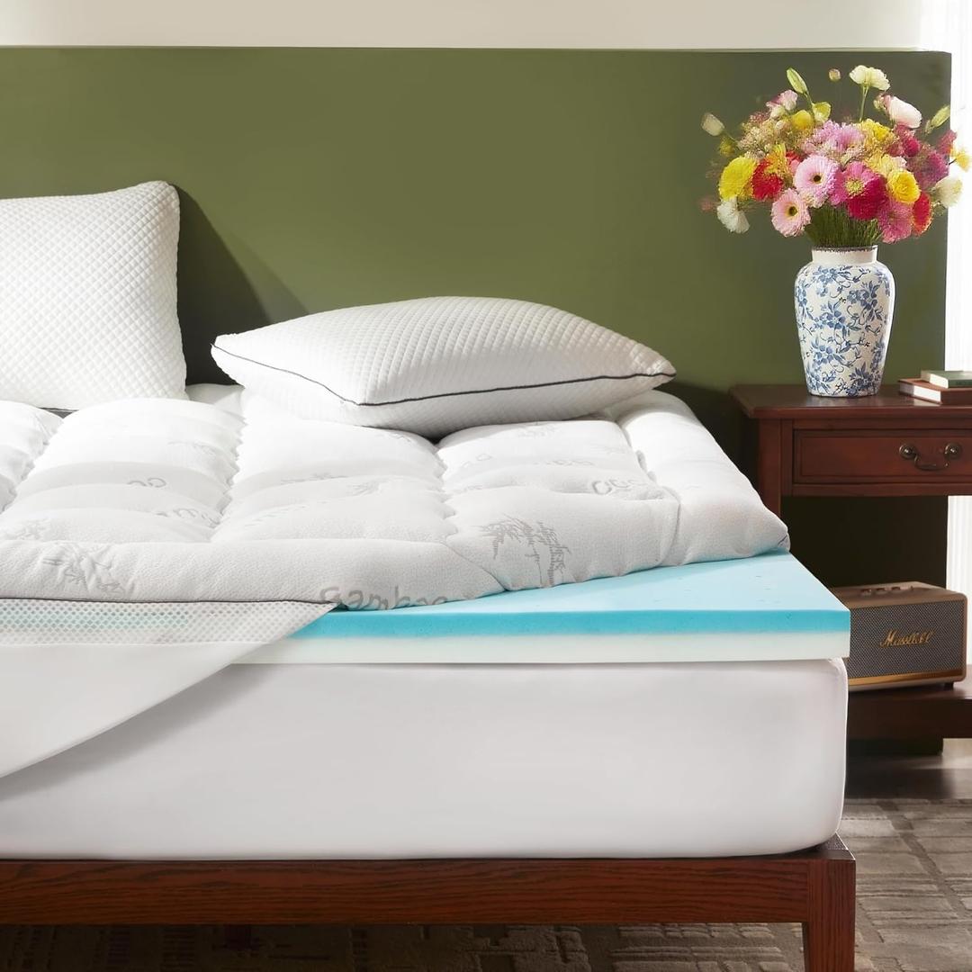 BEDLORE California King Mattress Topper, 4 Inch Dual Layer (2" Gel Memory Foam + 2" Plush Pillow Top) Mattress Pad Cover, Pressure Relief & Back Pain Support, Fluffy & Breathable, Medium-Firm(White)