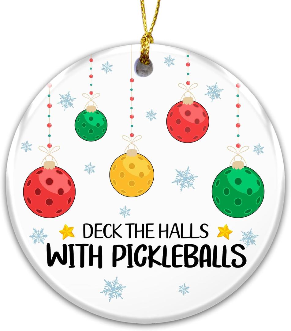 3 x Pickleball Ornament 2025, White Elephant Gift  Deck The Halls with Pickleballs Holiday Decoration  Gift for Pickleball Players, Coaches, and Fans  Ceramic Sports Ornament for Tree or Stocking