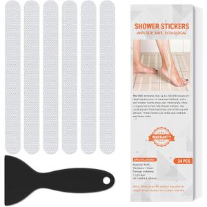Non Slip Bathtub Stickers, 24 PCS Shower Stickers for Safety Bathroom Tubs, Bathtub Non Slip Stickers and Adhesive Decals Scraper for Bath Tub, Shower Floor, Stairs, Ladders(Clear)