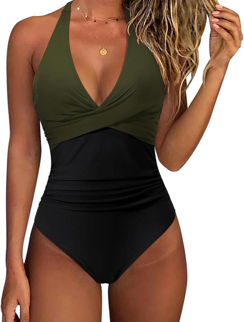 SUUKSESS Women Sexy Tummy Control One Piece Swimsuits Halter Push Up Monokini Bathing Suits (Green Black, XL)