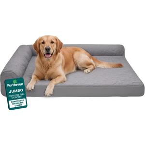 Furhaven Cooling Gel Dog Bed for Large Dogs w/ Removable Bolsters & Washable Cover, For Dogs Up to 95 lbs - Pinsonic Quilted Paw L Shaped Chaise - Titanium, Jumbo/XL
