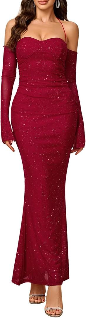 Parthea Womens Sexy Sequin Sparkly Glitter Dresses Off Shoulder Long Sleeve Cocktail Evening Party Elegant Maxi Dress (2-4)