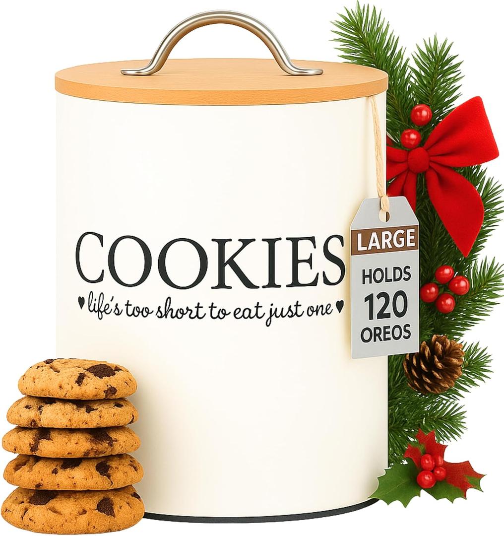 D'Lifeful Cookie Jar with Airtight Bamboo Lid  1.1 Gallon Cute and Decorative Cookie Storage for Kitchen Countertop  Farmhouse Storage Tin for Freshness  Great Gift Idea