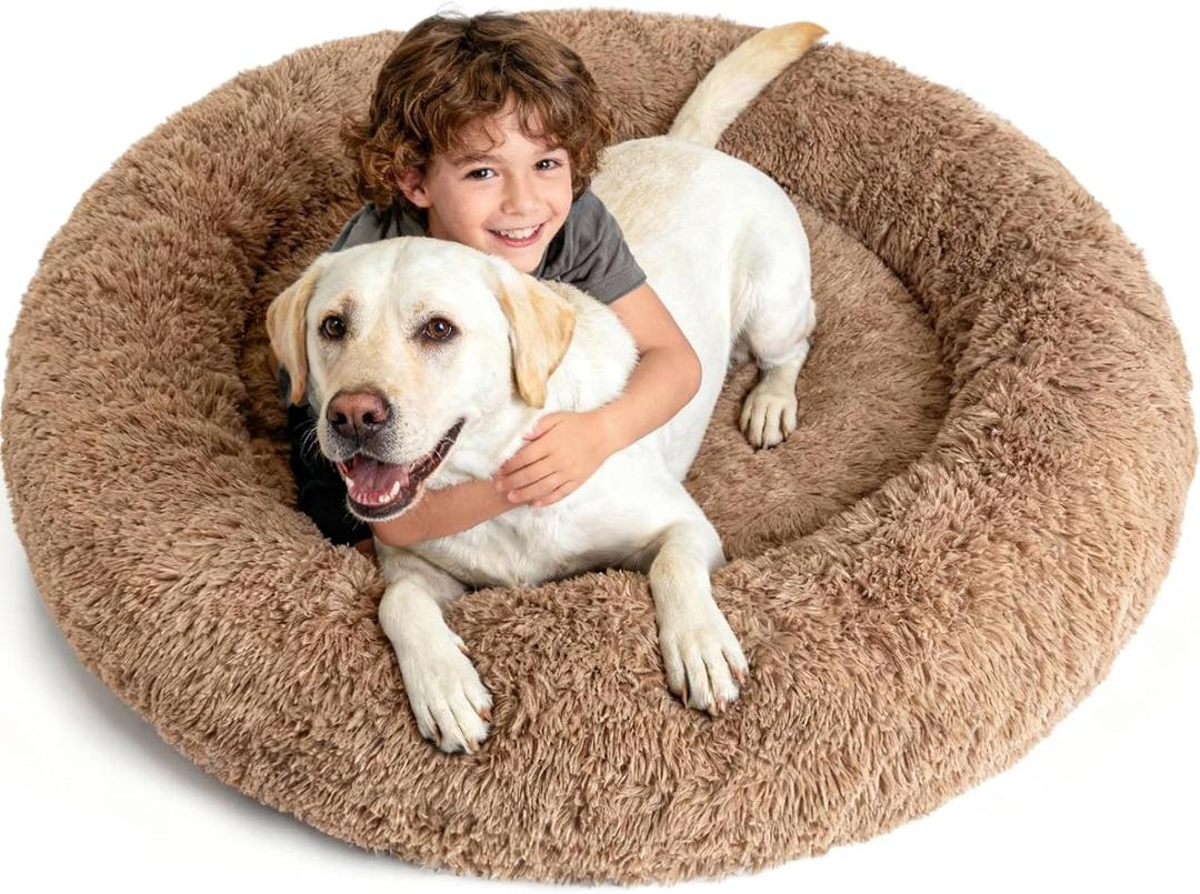 XXXL Orthopedic Dog Bed for Extra Large Dogs with Dount Plush Removable Cover Washable,Giant Circle Lounge Pet Bed Waterproof Foam Cuddler Cooling Gel Sofa for Anxiety Old Fluffy Friends Spine Camel (54"x54"x8.6")